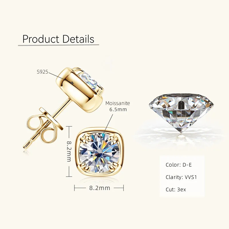 6.5mm 1ct Round Moissanite Stud Earrings 925 Sterling Silver Square Setting